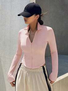 Chaqueta deportiva ajustada con cremallera delantera, nueva para otoño para mujer - Rosa - Ver 1
