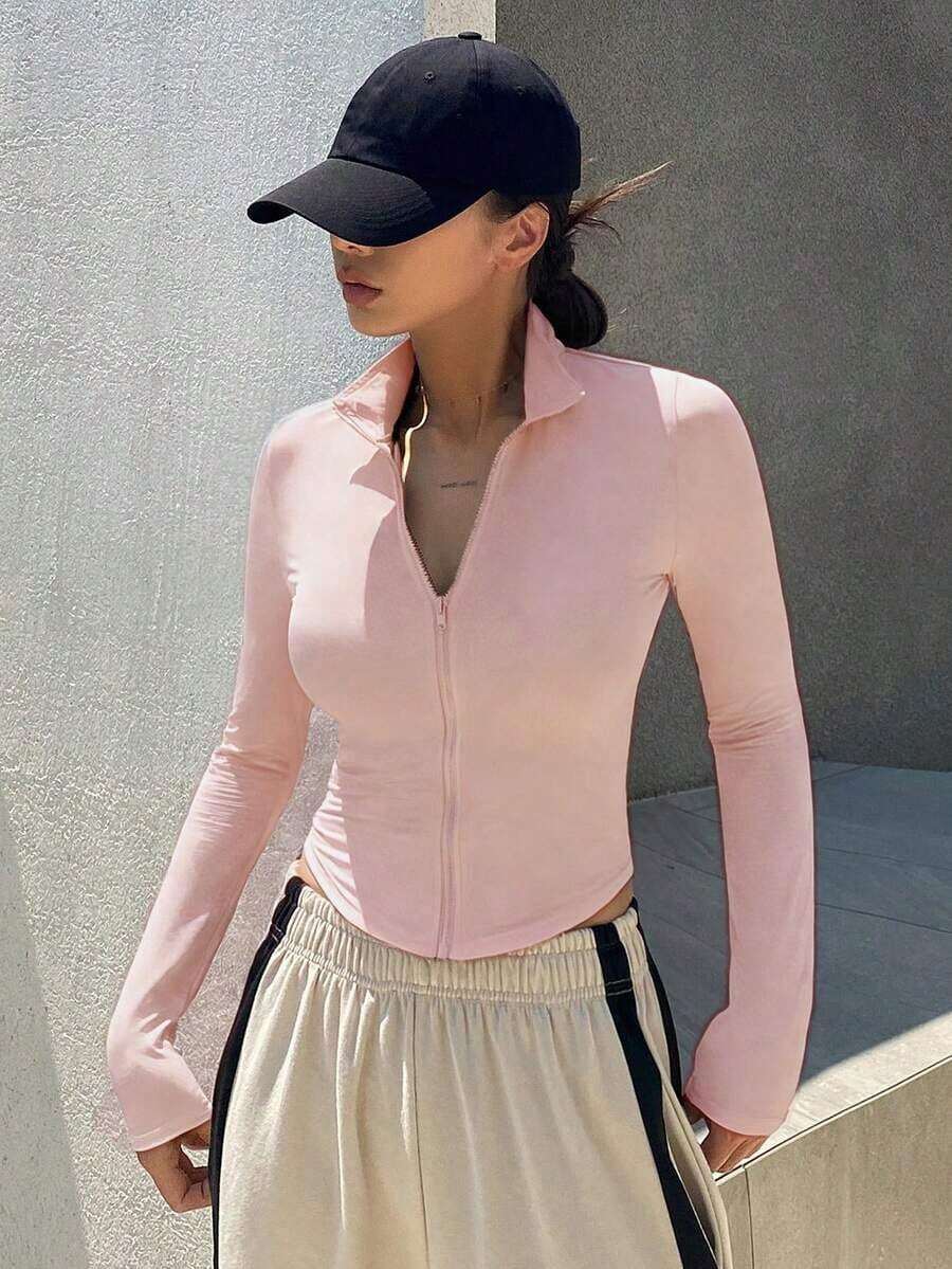 Chaqueta deportiva ajustada con cremallera delantera, nueva para otoño para mujer - Rosa - Ver 1