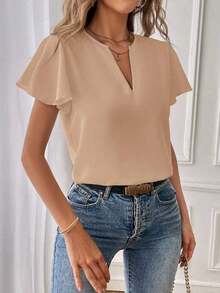 Camisa de mujer de unicolor con escote en V entallado y manga corta, informal y adecuada para el trabajo, blusas de manga corta - Caqui - Ver 4