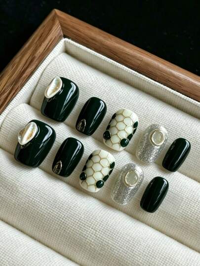 qihangxin 10pcs Handmade Deep Green Shell Glossy Nail Stickers, High-End Retro Brightening Short Pre-Designed Nail Stickers, Inlaid With 3D Gold Glitter, Luxury, Spring/Summer New, Deep Green Nail Stickers, Silver Nail Stickers, Short Nail Stickers, Short Square/Round Nail Stickers, False Nails, Suitable For Daily Wear And Holiday Gifts