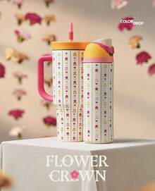 OWAL40 OZ Floret Insulated Tumbler, Leakproof  With Pop-Up Lid Water Bottle, For Office Use,Cars, Camping Essentials, Sports, School, Travel, Daily Commutes, Outdoor Picnics. Gifts As Graduation, Valentine's Day, Birthday,Party, Teacher, Father's Day - 碎花 - 查看 5