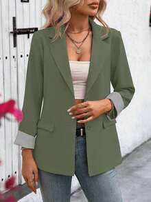 Clasi Chaqueta ligera de estilo casual de negocios para mujer, con cuello de solapa, apta para el lugar de trabajo, de unicolor, para primavera/otoño - Verde Oliva - Ver 4