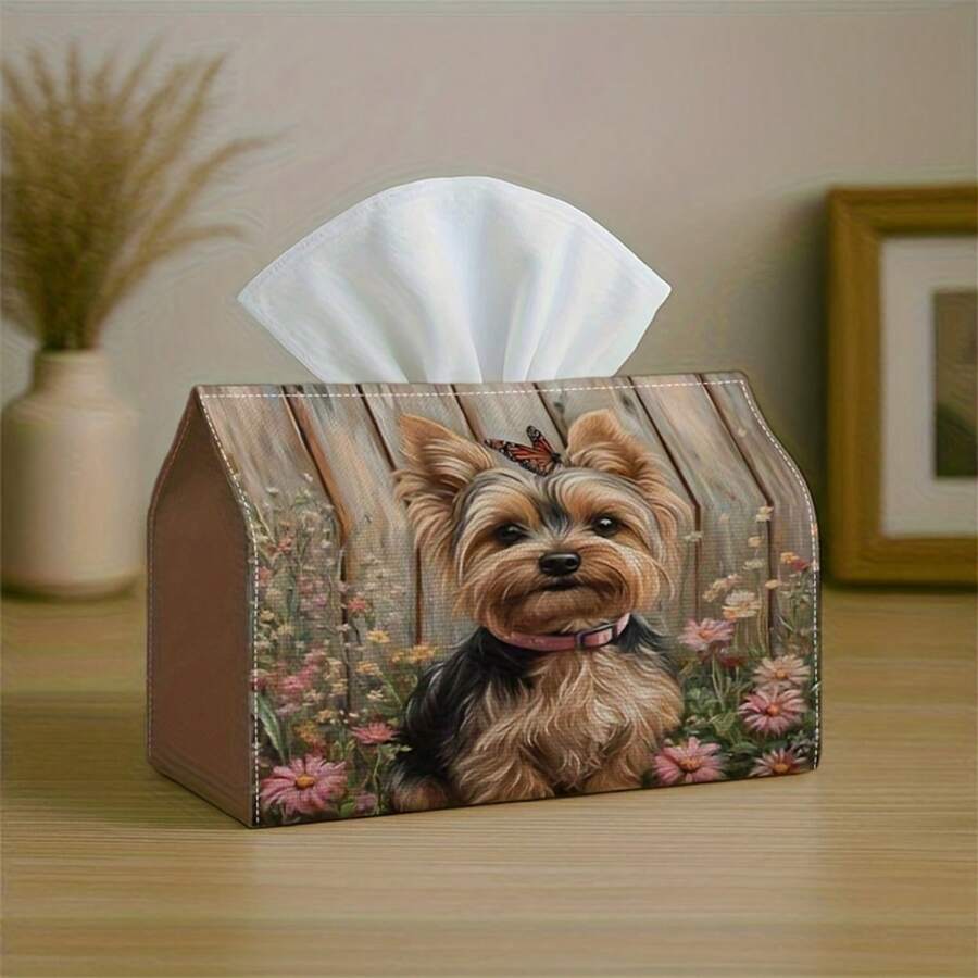 1pc Tissue Box With Plaid Lid - Shiba Inu In Floral Design, Durable Fabric Multipurpose Decorative Storage Box, Suitable For Kitchen, Living Room, Home And Car Tissue Dispenser, Compact And Stylish For Daily Use