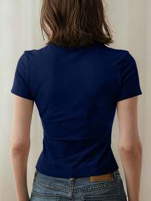 Camiseta de mujer de verano nueva, de corte slim, de cuello redondo y manga corta, top de moda para uso diario y vacaciones. Top de camiseta de mujer. - Azul marino - Ver 5