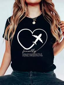 Camiseta ho de manga cortara mujer | Finalmente, el patrón de corazón de avión de luna de miel, lavable a máquina, cuello redondo, adecu para vies y uso diario, tema de avión, estilo hoado y cómodo, tejido duradero - Negro - Ver 2