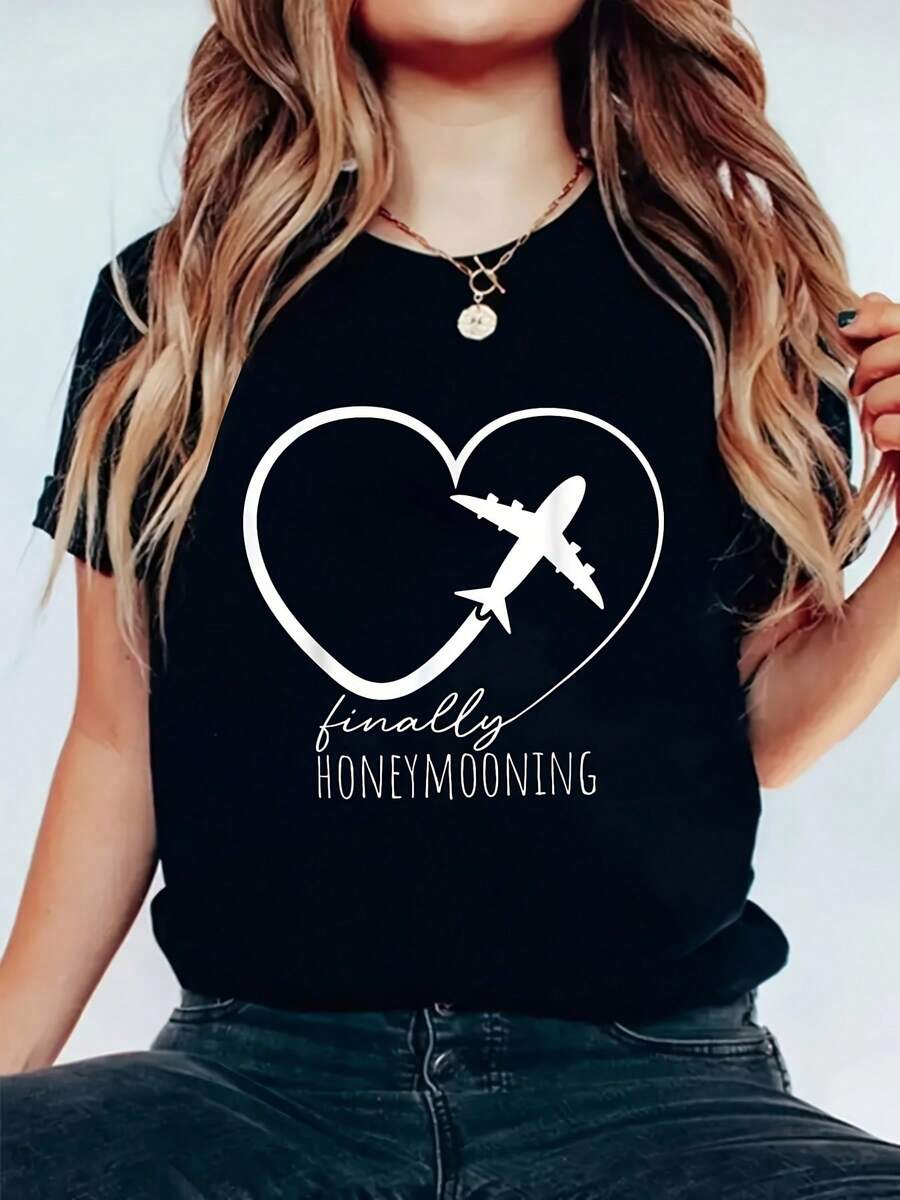 Camiseta ho de manga cortara mujer | Finalmente, el patrón de corazón de avión de luna de miel, lavable a máquina, cuello redondo, adecu para vies y uso diario, tema de avión, estilo hoado y cómodo, tejido duradero