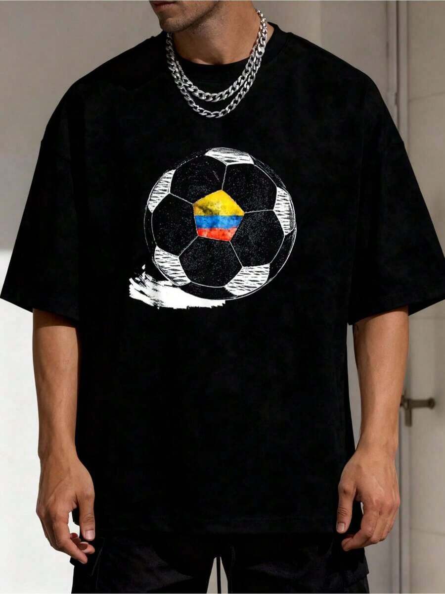 Camiseta de Cuello Redondo con Estampado Gráfico para Hombre, Camiseta Vintage de Fútbol de Colombia, Camisas para Hombre, Camisetas Gráficas, Tops Cortos, Conjuntos, Camisetas - Negro - Ver 1