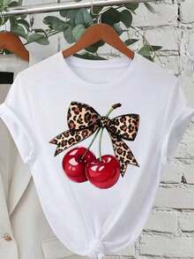 Camiseta de Mujer con Estampado de Cerezas, Manga Corta, Cuello Redondo, Estilo Casual para Primavera y Verano, Ropa de Mujer, Camisetas, El Mejor Regalo, Camiseta Estampada de Manga Corta - Blanco - Ver 7