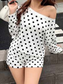 Conjunto de 2 piezas holgado a rayas para mujer, incluye top de manga larga con hombros oblicuos + shorts con cordón, conjunto de ropa de estar en casa informal - Multicolor 3 - Ver 7