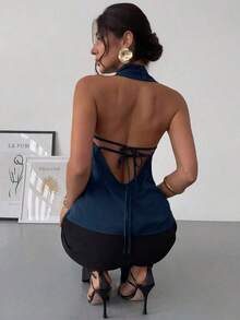 negra ajustada de estilo casual y elegante para la temporada de primavera/verano, con cuello asimétrico, sin mangas, escote halter, espalda descubierta y decoración de lazo - Azul - Ver 3