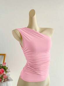 Blusa corta de un hombro con pliegues color albaricoque, minimalista, casual, elegante y versátil para uso diario de mujer, primavera/verano - Rosa - Ver 3