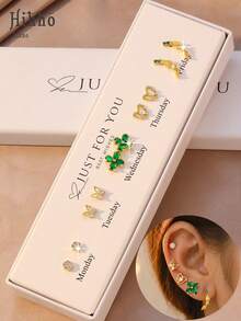 Hihho 5 Pairs Of Exquisite Creative Earring Set, Featuring Designs Like Clover, Butterfly, Heart And More, Versatile For Daily Matching, Warm Gold Tone With Zirconia And Colorful Gems Accents, Gift Box Packaging With Ceremonial Feel, Ideal For Everyday Wear And Holiday Gifting - Earrings Set - View 1