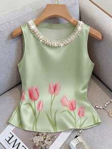 Blusa de tirantes elegante con estampado floral y cuello de perlas brillantes para mujer, adecuada para citas, salidas casuales, ir al trabajo, tomar el té por la tarde, Día de la Madre, Día del Maestro - Verde - Ver 1