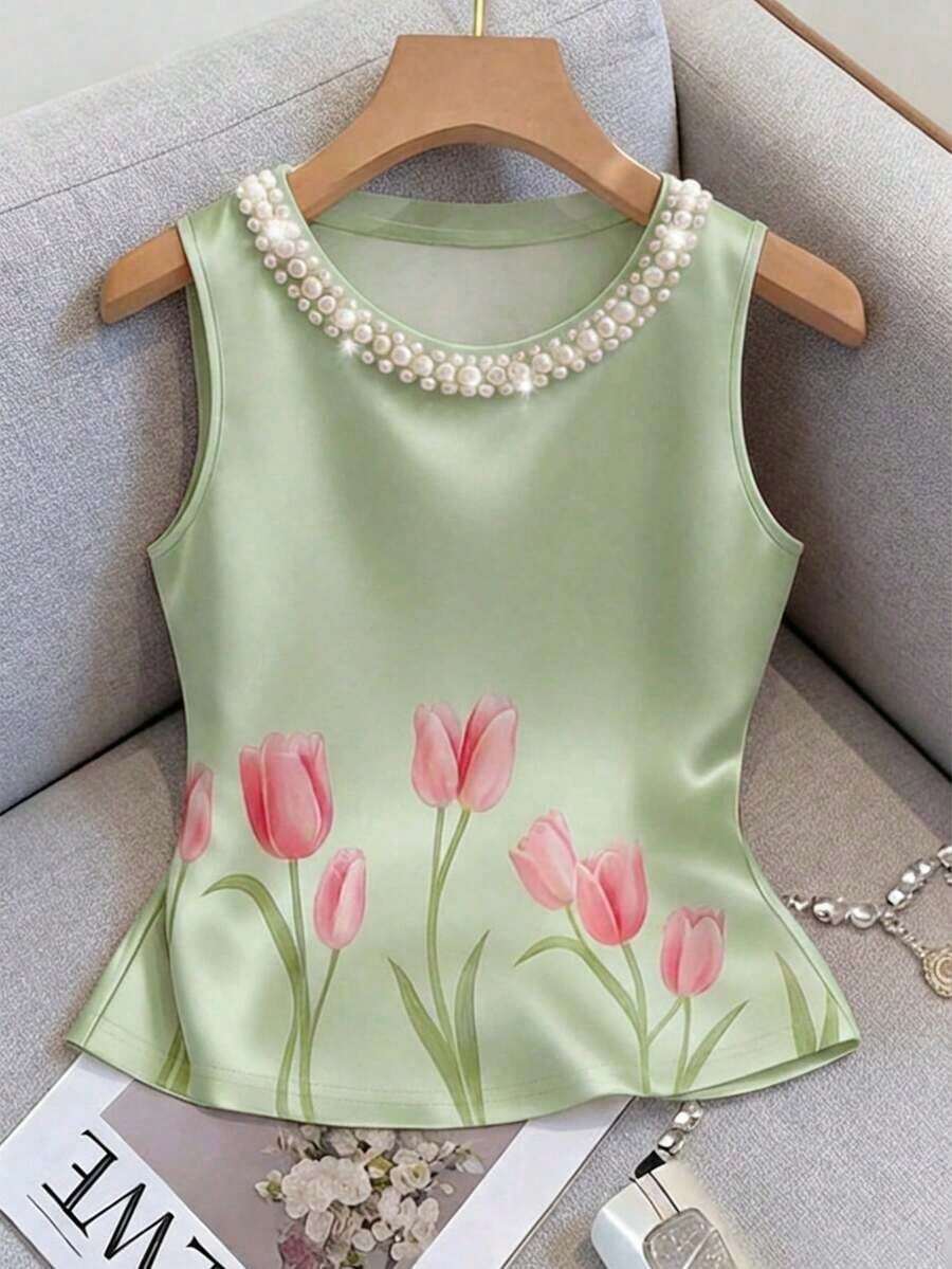Blusa de tirantes elegante con estampado floral y cuello de perlas brillantes para mujer, adecuada para citas, salidas casuales, ir al trabajo, tomar el té por la tarde, Día de la Madre, Día del Maestro - Verde - Ver 1