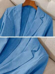 Blazer de lino de 3/4 de manga con cintura ajustable, diseño de botones, adecuado para ir al trabajo, eventos formales, fiestas elegantes, ropa de oficina - Primavera, Verano, Otoño - Azul 3 - Ver 3