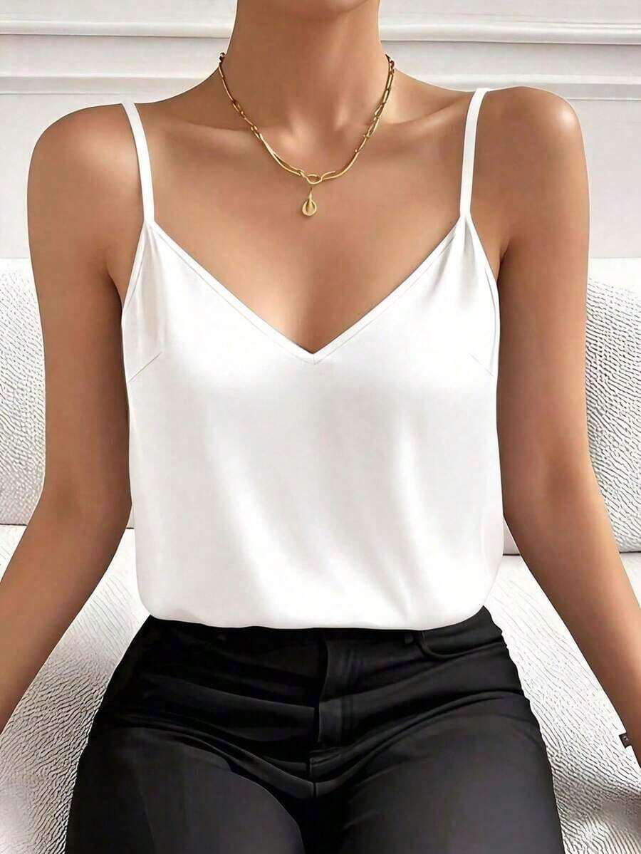 Top de tirantes de unicolor, minimalista y casual para mujer, rojo de verano - Blanco - Ver 1