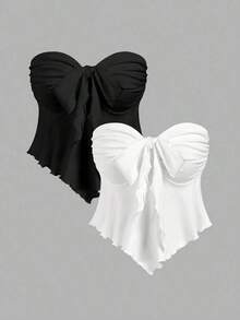 Top tubo de mujer con puntera, tirantes con moño y malla - Blanco y Negro - Ver 5