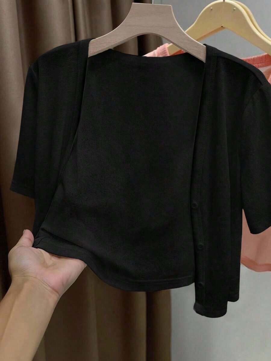 Cárdigan corto de manga corta y delgado para mujer para salir y de vacaciones - Negro - Ver 1