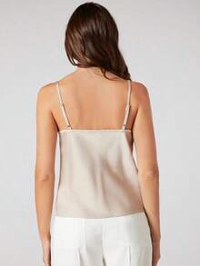 Top de satén sin mangas para mujer, elegante y romántica de unicolor, para uso casual y de negocios, adecuada para oficina, diario, otoño - Beis - Ver 2