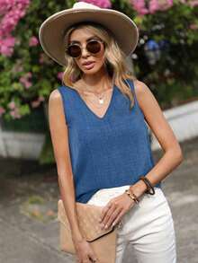 Blusa sin mangas de color sólido, casual para el verano - Azul - Ver 6