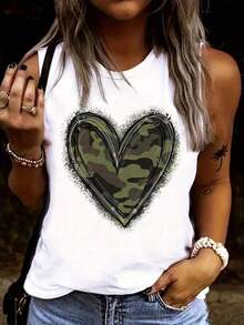Sleeveless Top With Camouflage Heart Design, For Casual Spring And Summer Wear, Designed For Women - White - View 1