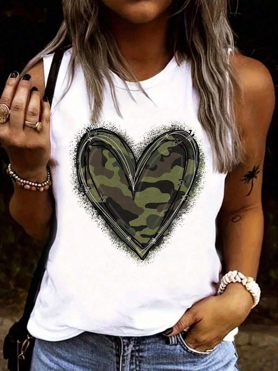 Sleeveless Top With Camouflage Heart Design, For Casual Spring And Summer Wear, Designed For Women - White - View 1