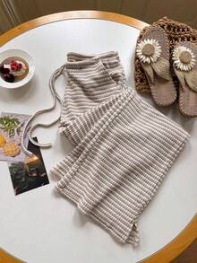 Pantalones anchos de pierna con rayas color crema para mujer, cordón, abertura, adelgazantes, pantalones casuales milagrosos - Caqui - Ver 7