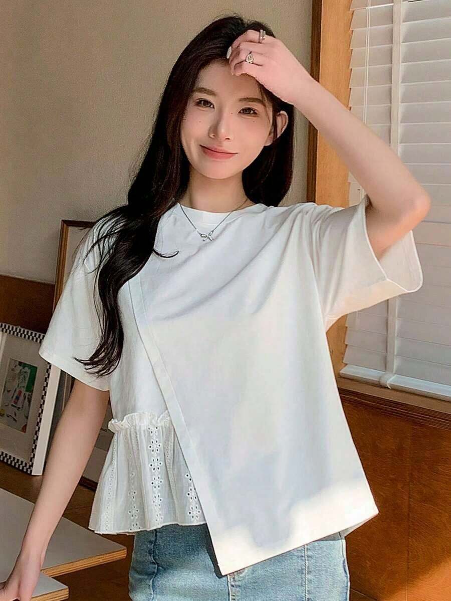 Camiseta casual de mujer para el verano con cuello redondo, manga corta, ajuste holgado y dobladillo con volantes y un solo unicolor - Blanco 2 - Ver 1