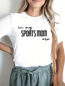Playera casual de manga corta para mujer, estampado gráfico 'Mamá Deportista', cuello redondo, top atlético de verano, ajuste relajado - [Blanco] - Ver 1
