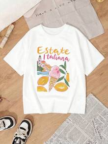 Camiseta gráfica de mujer "Estáte Italiana", casual, de cuello redondo, hombros caídos, manga corta, top de moda de verano para viajes. NIKI - Blanco - Ver 4