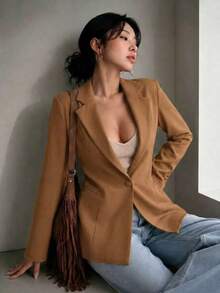 FASHION MO FEMININE- MK0254, Women's Blazer, Suit Jacket, Fitted, Elegant, Formal, Modern, Valentine's Day SHE(IN) - 米色 - 查看 4