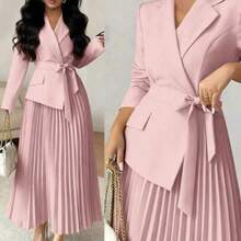 Raffinéa Women's Casual Versatile Commuting Patchwork Blazer Collar Long Sleeve Cinched Waist Pleated Midi Dress, Autumn/Winter Skirt Suits For Woman Blazer Skirt Set - Rosa Pálido - Ver 1