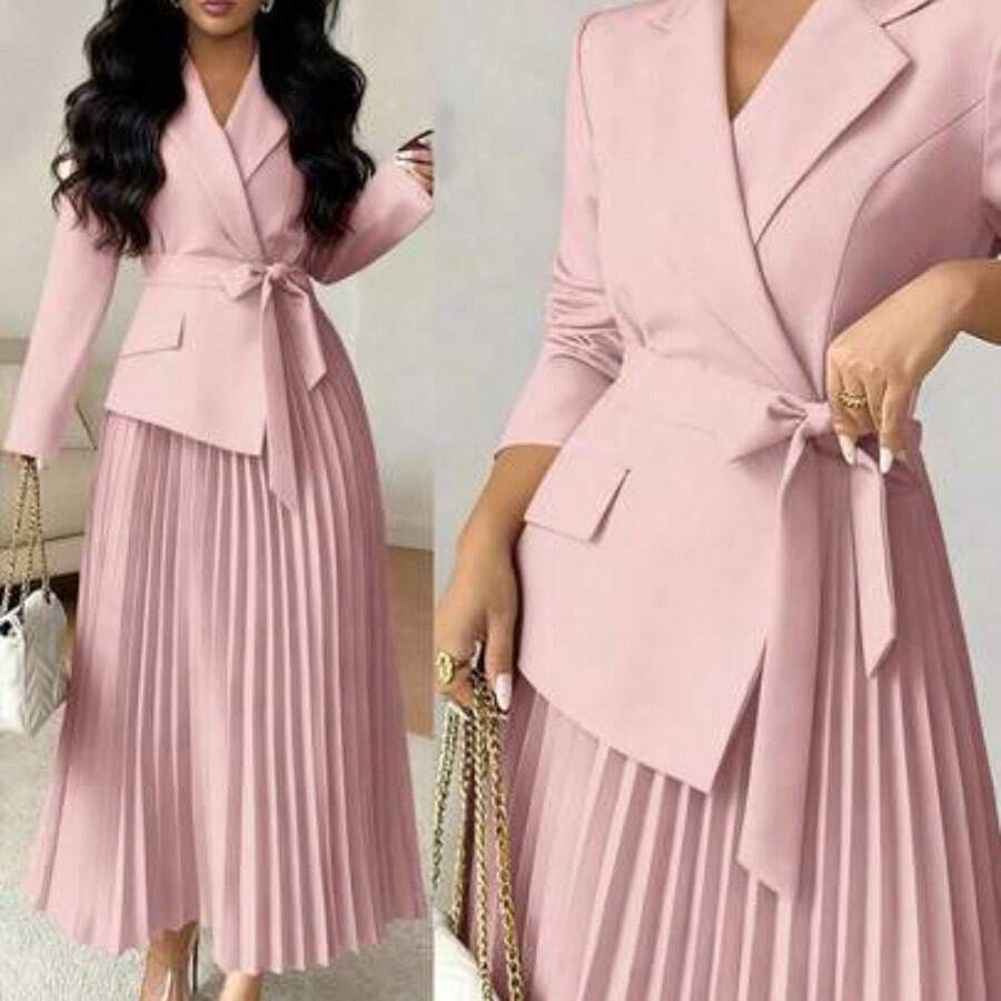 Raffinéa Women's Casual Versatile Commuting Patchwork Blazer Collar Long Sleeve Cinched Waist Pleated Midi Dress, Autumn/Winter Skirt Suits For Woman Blazer Skirt Set - Rosa Pálido - Ver 1