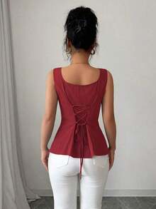 Camisa sin mangas con cuello cuadrado, cintura con lazo y rayas para el verano 2025 - Rojo - Ver 2