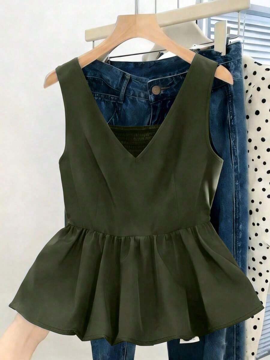 Camiseta sin mangas ajustada para mujer, adecuada para el trabajo, el viaje, las fiestas, la graduación y el uso diario - Verde militar - Ver 1