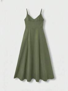Vestido midi elegante de mujer con cuello en V, vestido de tirantes de mezcla de lino con corte evasé y espalda descubierta, adecuado para vacaciones, playa, boda, fiesta de cóctel - Verde militar - Ver 6