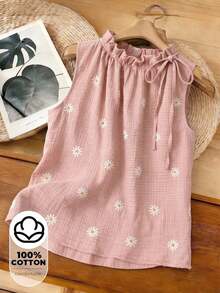 Blusa sin mangas con estampado floral diminuto y cuello con volantes, casual de verano para mujer - Rosa - Ver 7
