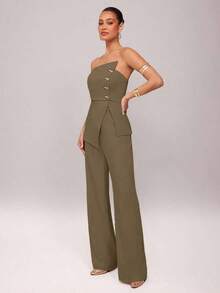 Set de 2 piezas: Top con diseño de aro asimétrico con decoración metálica + Pantalones de pierna recta, Uso elegante diario, Atuendo de oficina, Boda, Vacaciones, Cita, Fiesta, Ceremonia de graduación - Camel - Ver 4
