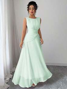 Vestido maxi casual, romántico, vintage y elegante de gasa para mujer con cordón en la cintura, para la playa, el té de la tarde, fiestas de noche, uso diario, sin mangas, de unicolor, vestido largo, primavera/verano - verde menta - Ver 5