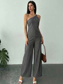 Nuevo conjunto de verano elegante de vacaciones de 2 piezas de lino, con top de cintura fruncida y espalda descubierta de dobladillo asimétrico en color albaricoque y pantalón largo de cintura alta - Gris Oscuro - Ver 4