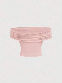 Camiseta de mujer de unicolor con pliegues, de estilo versátil - Rosa Pálido - Ver 7