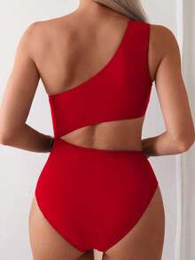 Swim 1 pieza Traje de baño de una pieza para mujer con diseño calado y fruncido en color liso - Rojo - Ver 2