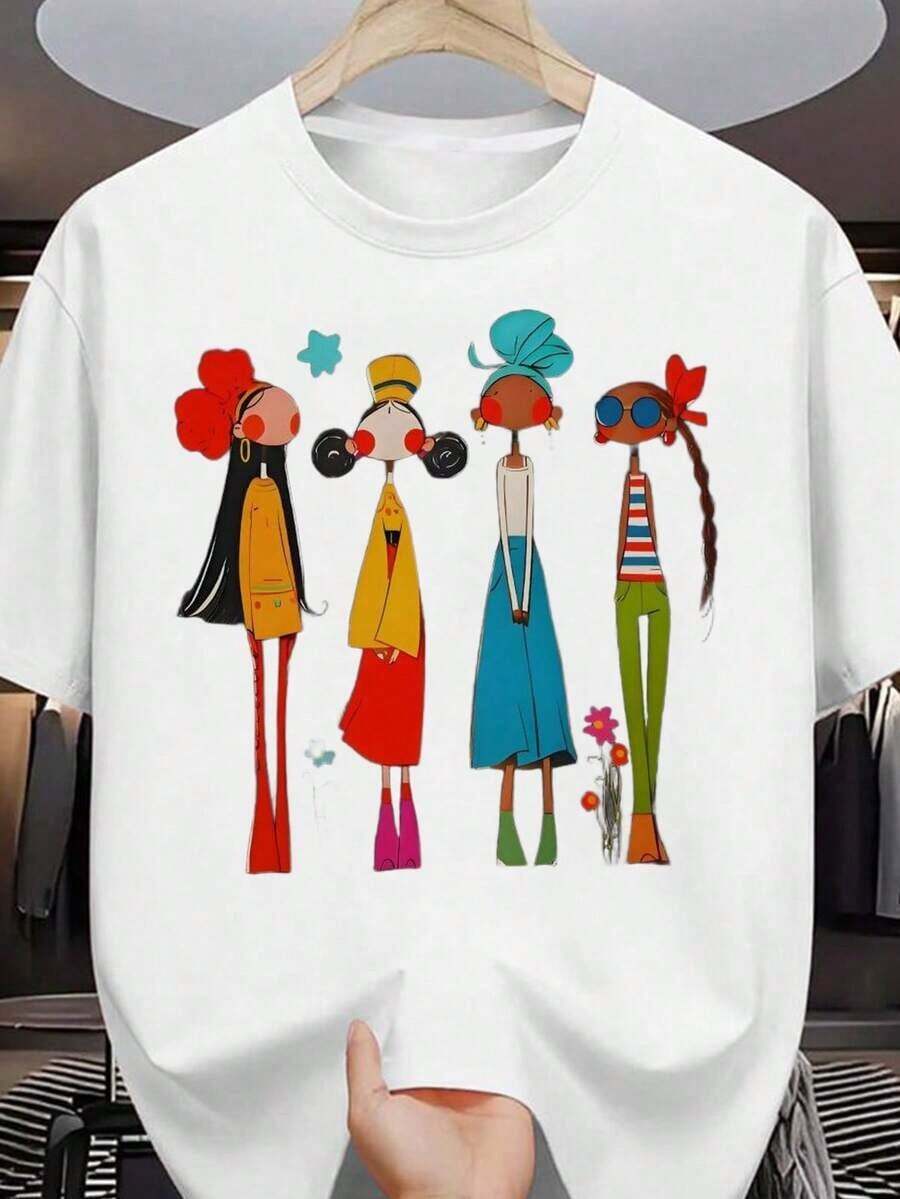 Camiseta unisex negra 100% algodón con motivos femeninos coloridos, corte holgado, ideal para uso casual y formal, lavable a máquina, cuello redondo, mangas cortas, tela ligeramente elástica, patrón geométrico, talla S, 2026-Atuendo para el Día de la Madre, ropa linda, vestidos de verano para mujer. - Blanco - Ver 1