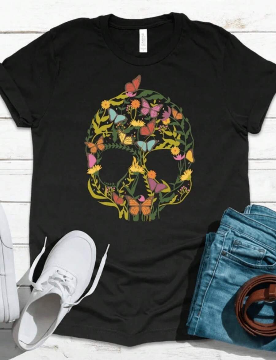 1 Piece Butterfly T-Shirt, Gothic Butterfly T-Shirt, Black And White Butterfly T-Shirt, Vintage Moth Print T-Shirt, Aesthetic Insect T-Shirt, Celestial Insect T-Shirt, 100% Cotton. - 黑色 2 - 查看 1