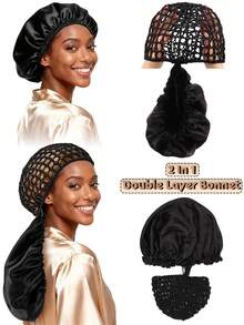 nunify 2 in 1 Wrap Cap Satin Bonnet Bolak-balik Dapat Dilepas untuk Rambut Keriting, Cocok untuk Tidur, Pelurusan Rambut & Perlindungan Kepang, Penutup Rambut Ganda yang Dapat Diatur dengan Jaring, Penutup Pelindung Rambut Elastis untuk Rambut Alami dan Kepang. - View 2