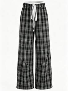 SAOYANGYU Pantalones anchos de pierna ancha con estampado, cintura con cordón, estilo casual, de oficina y escuela para mujer, primavera - negro y gris - Ver 1