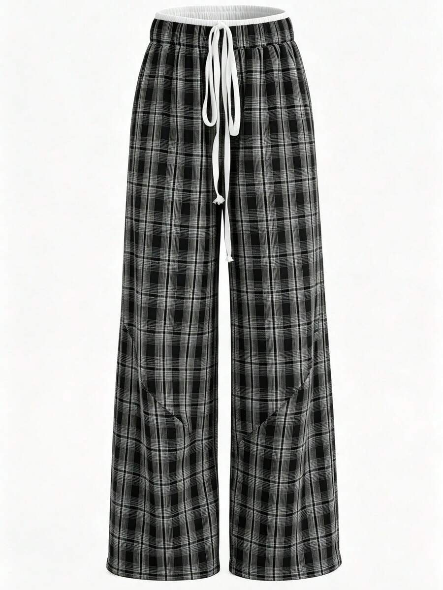 SAOYANGYU Pantalones anchos de pierna ancha con estampado, cintura con cordón, estilo casual, de oficina y escuela para mujer, primavera - negro y gris - Ver 1