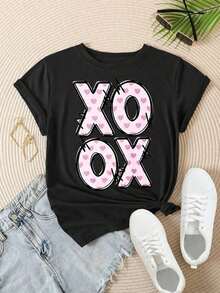 Camiseta Casual de Moda para Mujer con Estampado de Corazones Rosados Vintage Xo Ox, Adecuada para Todas las Temporadas  
 BlackFashion - Negro - Ver 2