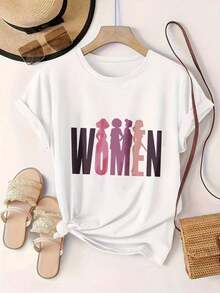 Siluetas de Mujeres en Rosa y Morado, Camiseta Casual con Estampado Moderno para Mujer, Adecuada para Todas las Temporadas  
 Negro - Blanco - Ver 2