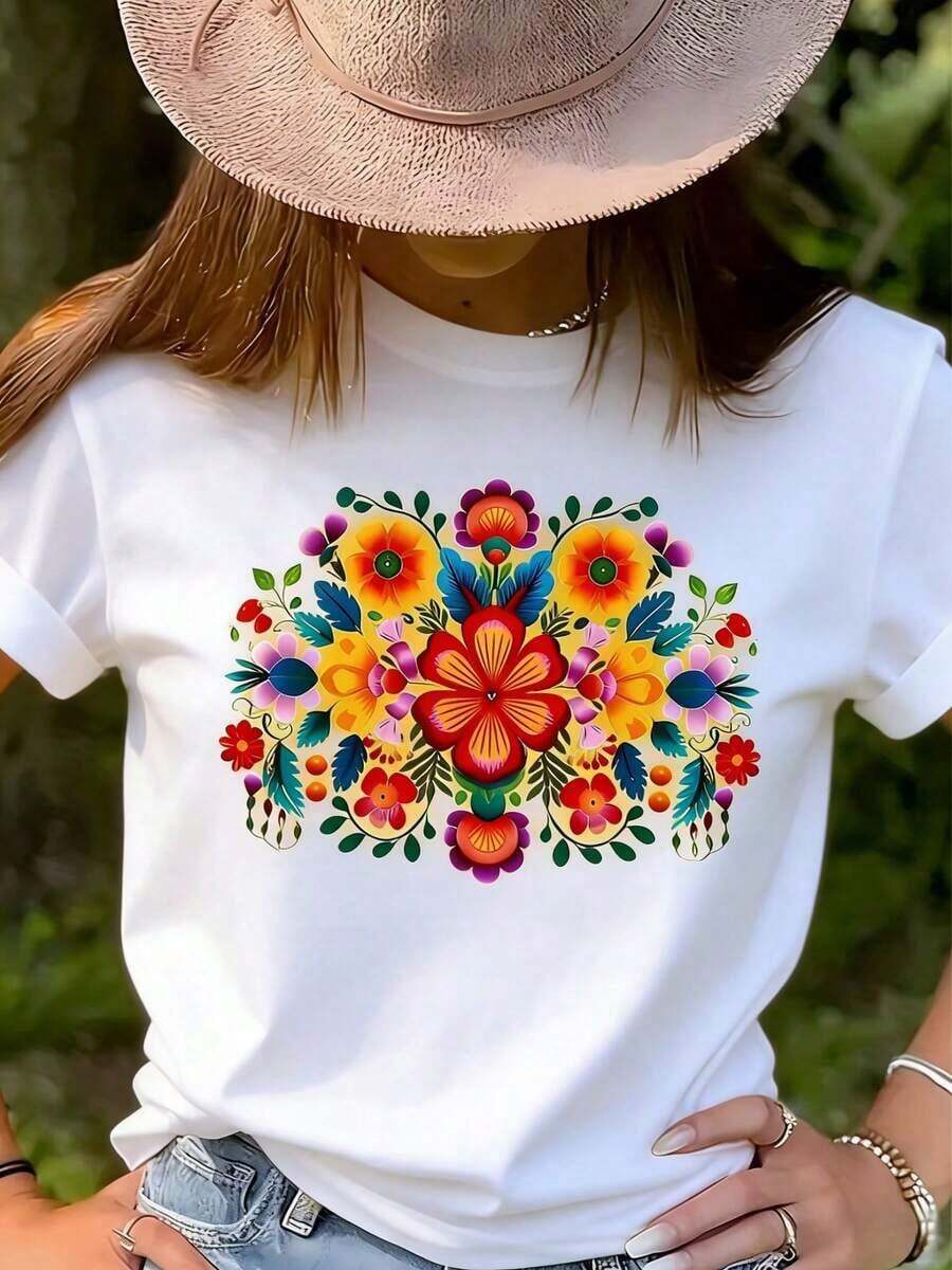 Camiseta Mexicana con Estampado Floral para Mujer - Brillante con Patrón, Blusa Ligera Casual para Primavera/Verano, Fiestas y Eventos - Blusa Lavable a Máquina, Decoración de Temática MexicanaPure-Cotton - Blanco - Ver 1